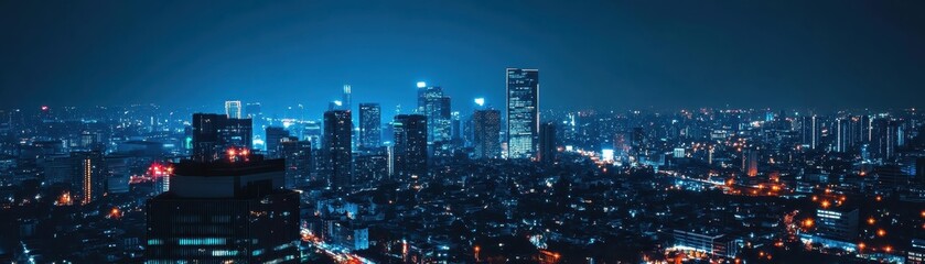 Naklejka premium Stunning panoramic view of a modern city skyline illuminated at night, showcasing urban architecture and bustling city life.