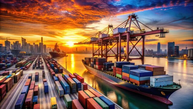 Freight containers stacked on a cargo ship at sunset, with cranes and port facilities in the background, highlighting global trade and transportation networks.