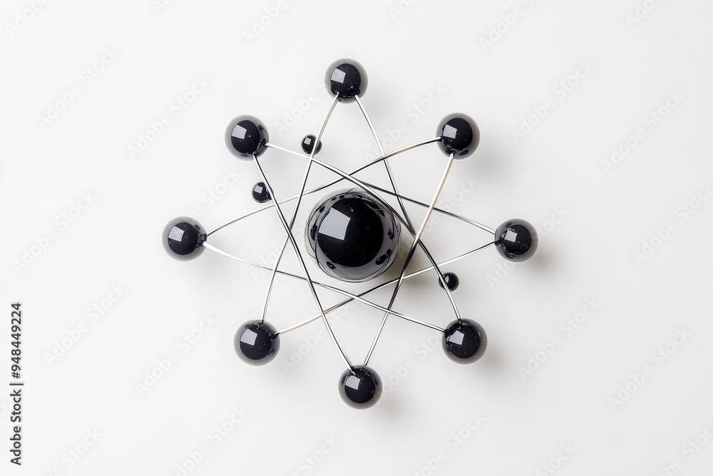 Poster abstract representation of an atom model with black spheres and connectors on a white background sho