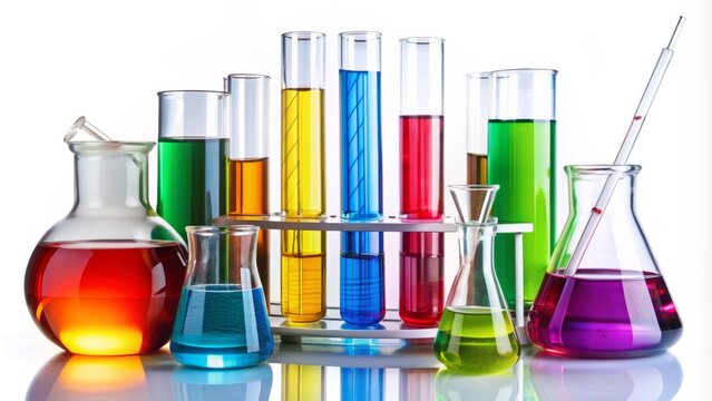 Laboratory glassware containing various colored liquids and beakers with pipettes and test tubes on a white background, representing a solvent chemistry experiment.