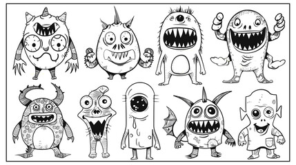 set of doodle cartoon characters color page, humor funny monster zombie aliens random fun hand drawn black outlines for print for kids coloring sheet book 
