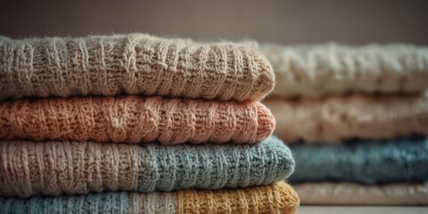 Cozy knitted sweaters in soft pastel tones stacked neatly.