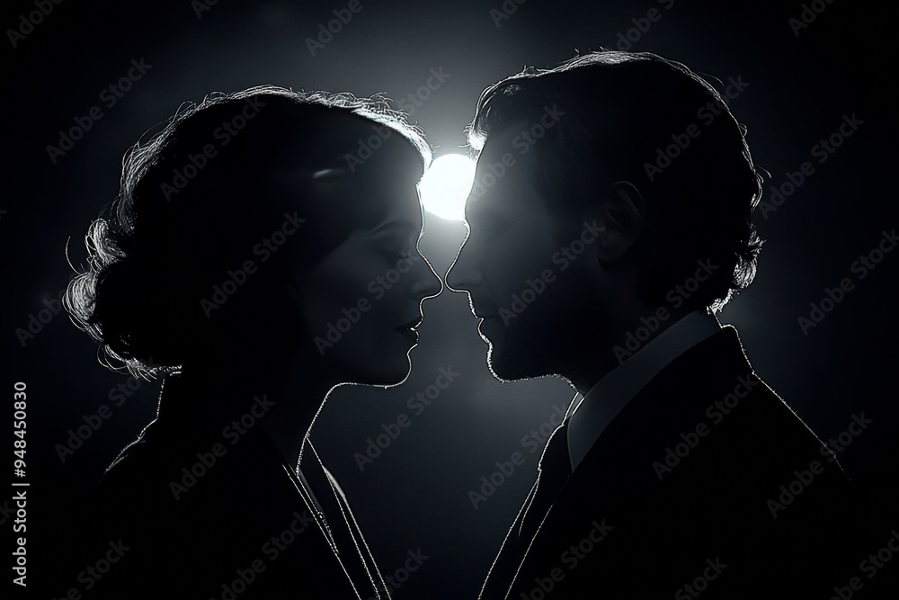 Poster dramatic monochrome silhouette of a couple with glowing neural patterns symbolizing the powerful int