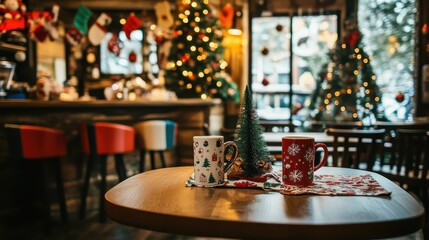 Fototapeta premium Two festive mugs on a table in a cozy café corner, adorned with Christmas decorations and a warm, inviting atmosphere