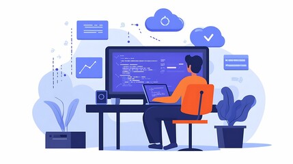 Fototapeta premium A modern illustration featuring a developer working on a computer with multiple screens, surrounded by cloud icons and data graphics, symbolizing software development and cloud computing.