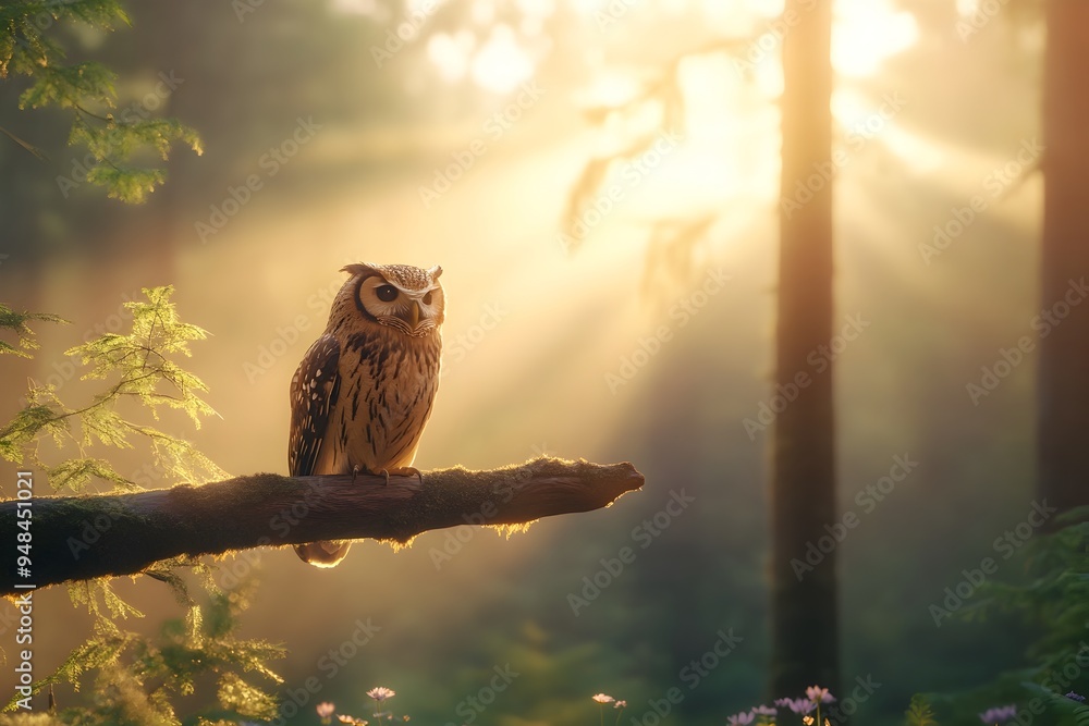 Poster A tranquil and contemplative scene of a wise old owl perched on a branch gazing thoughtfully into the distance of a serene forest glade at dawn  Rays of golden light filter through the misty trees