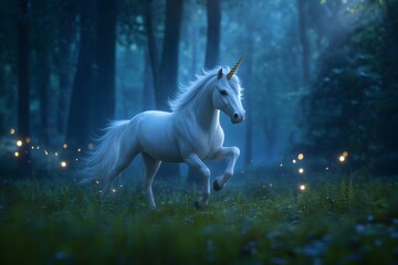 Majestic unicorn prancing through a lush enchanted forest its mane flowing gracefully against a backdrop of sweeping vistas and glowing fireflies creating a whimsical and tranquil atmosphere
