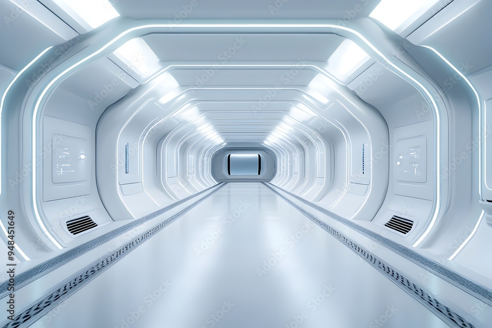 Poster futuristic spaceship corridor with sleek minimalist interior design and illumination 3d rendering of