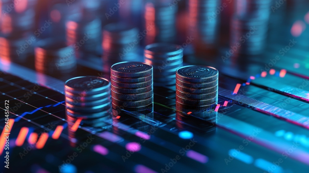 Poster Stacks of coins on a financial chart with digital data overlay
