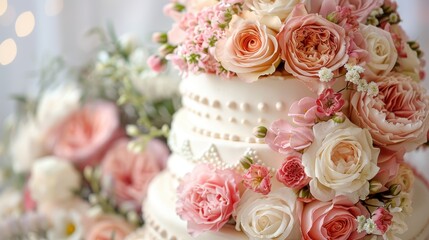 Obraz premium Wedding cake adorned with a variety of flowers, including roses and peonies, in shades of pink, peach, and white