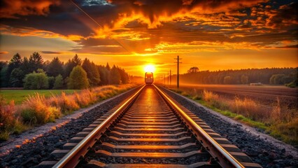Fototapeta premium Lonely railroad tracks stretch into the distance, a lone passenger train speeds away into a vibrant, warm orange sunset with a dark silhouette.