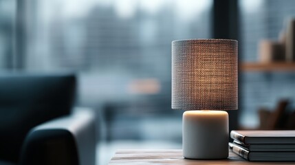 A warm and welcoming living room scene featuring a softly illuminated lamp on a wooden table, offering a perfect environment for evening relaxation and introspection.