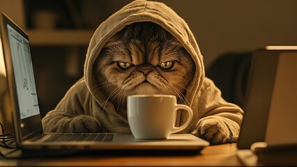 A grumpy-looking cat wearing a hoodie sits at a desk with a laptop and a cup of coffee.