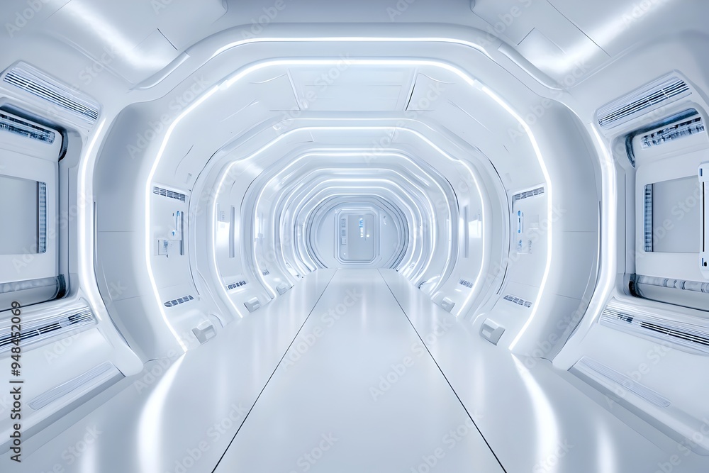 Poster futuristic spaceship corridor with 360 degree 3d rendering clean symmetrical and illuminated geometr