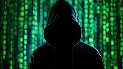 Silhouette of a person in front of a green digital matrix background, suggestive of hacking or cyber activity