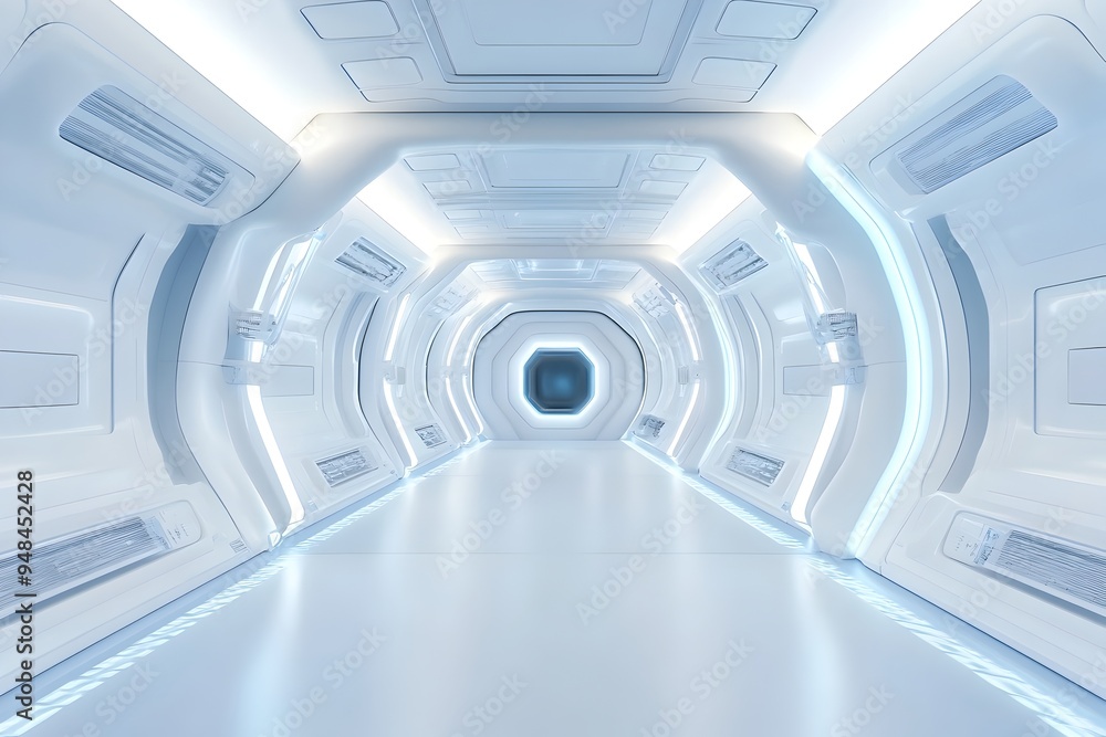 Poster futuristic spaceship corridor showcasing a clean bright and minimalist 360 degree interior view in a