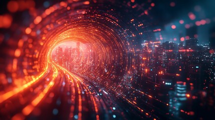 Fototapeta premium A futuristic scene depicting a glowing data tunnel leading to a cityscape, surrounded by digital lights and high-tech ambiance.