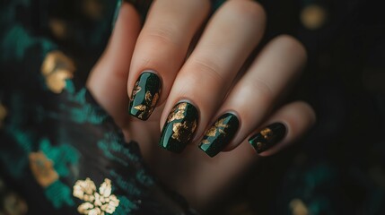 Elegant Hand Close-Up Featuring Dark Green and Gold Floral Manicure Design, Showcasing Modern and Stylish Nail Art on a Minimalist Background