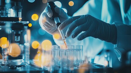Hands of a scientist with a pipette, carefully transferring liquid into a test tube, surrounded by lab equipment. The image reflects the precision and care required in scientific research.