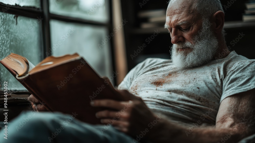 Aufkleber a bearded man with a weathered look sits by a rain-streaked window, deeply engrossed in reading an o