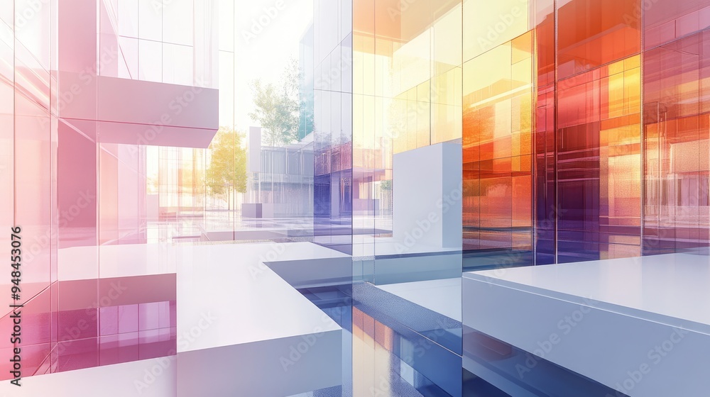 Poster 3d rendering of an abstract interior multilevel public space featuring white and colored gradient gl