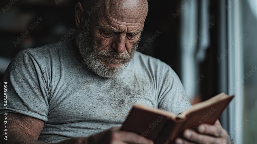Aufkleber a man with sturdy arms and a grey shirt holds an old book, reading with intense concentration next t