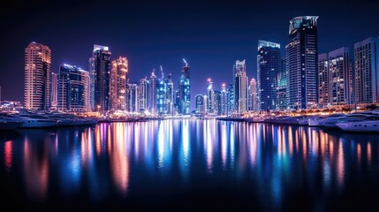 Fototapeta premium Illuminated Marina Vista: Nighttime long exposure of Dubai Marina, showcasing the bright city lights and their mesmerizing reflections on the marina's surface.