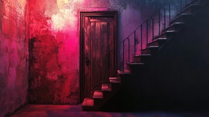 Fototapeta premium 3D rendering of a vintage aged wooden door with an iron handle opening to a stairway featuring ample empty space for text