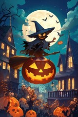 Witch flies on a jack-o'-lantern