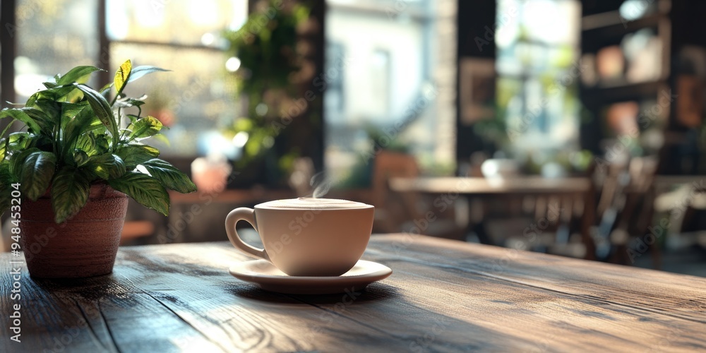 Poster 3d rendering of a cup of coffee in a relaxed cafe setting