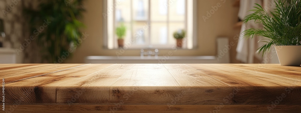 Poster 3d rendering of a tabletop with a blurred bathroom in the background