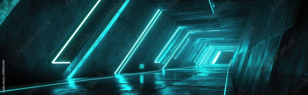 Poster futuristic 3d rendering of a sci fi scene featuring dark neon lights blue and green glowing triangle