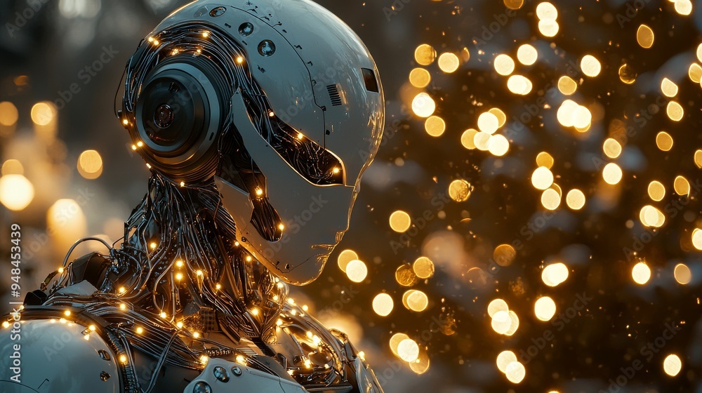 Poster futuristic robot with glowing lights and bokeh background