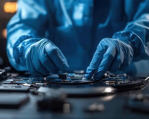 Forensic expert recovering deleted files from a damaged hard drive, digital fragments reassembling, forensics, file recovery process