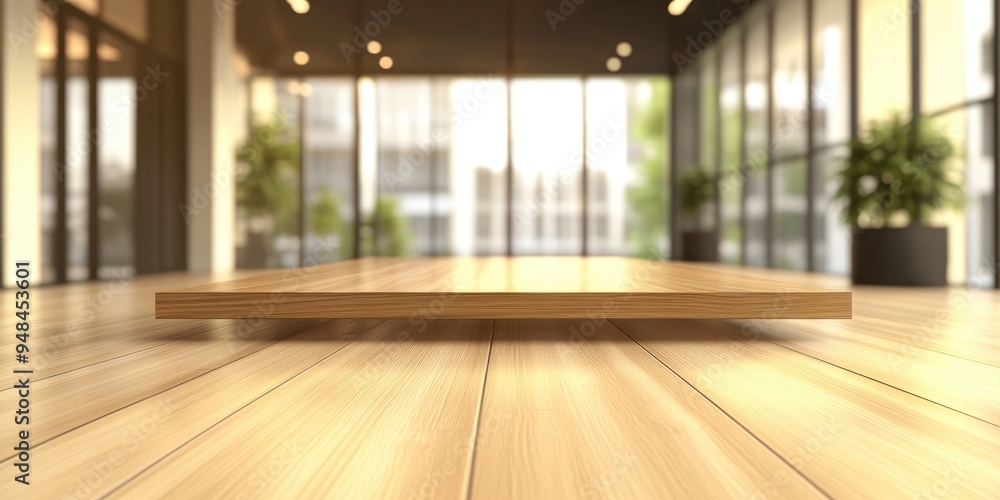 Poster 3d rendering of an empty wooden table space platform with a blurred office or meeting room backgroun