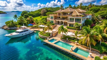 Luxurious mansion with sprawling gardens, private yacht dock, and infinity pool overlooking turquoise ocean, epitomizing opulence and extravagance in a tropical paradise setting.