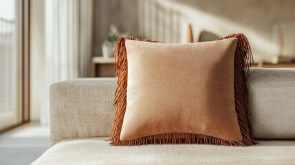 3D rendering of a brown fringed pillow on a sofa