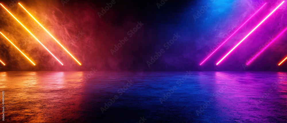 Poster vibrant neon lights illuminating a dark room with reflective floor, creating a dynamic and futuristi