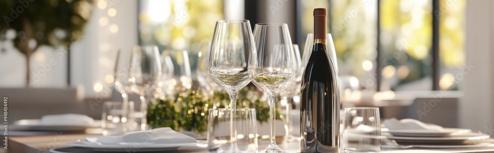 Poster 3d rendering of elegant transparent wine glasses and bottles in a dining setting