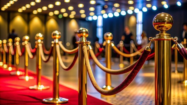 Luxurious velvet rope barriers off a private VIP area, adorned with golden stanchions, against a backdrop of dimly lit, upscale event atmosphere with soft focus.