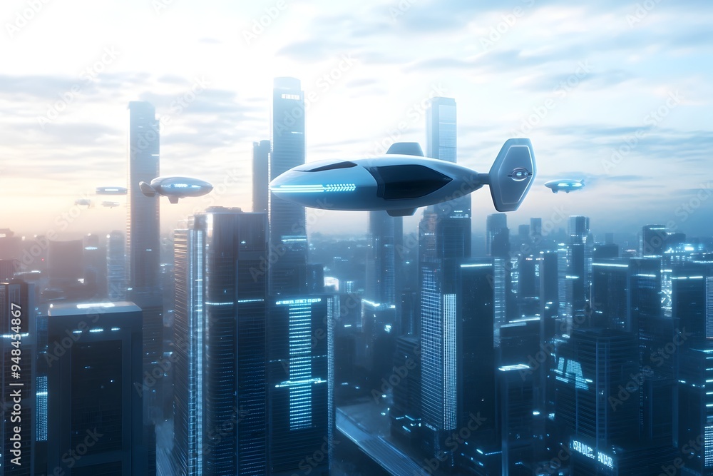 Poster futuristic skyline with gleaming skyscrapers hover trains and flying cars in a rendering of an awe i