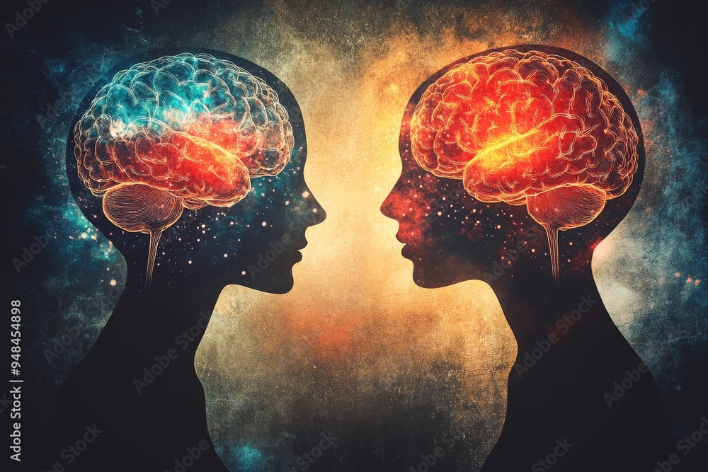 Aufkleber abstract digital illustration of two faces with glowing brains symbolizing the fusion of thoughts an