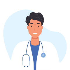 Fototapeta premium Smiling male doctor. Doctor with stethoscope. Concept - doctor, healthcare. Vector illustration in flat cartoon style. Isolated on white background.