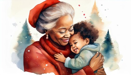 portrait of a Grandmother hugging a cute little toddler. in a cozy winter atmosphere. water color.