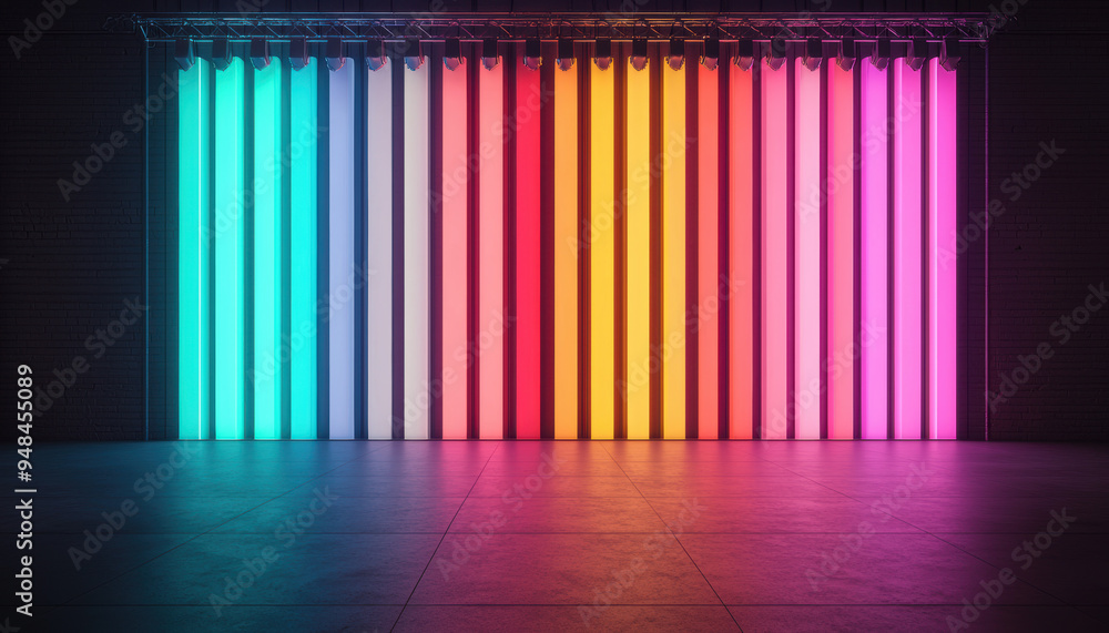 Poster vibrant neon light tubes in various colors creating a dazzling visual display in a dark room. perfec