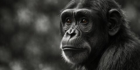 Close-up of chimpanzee's contemplative gaze in monochrome.