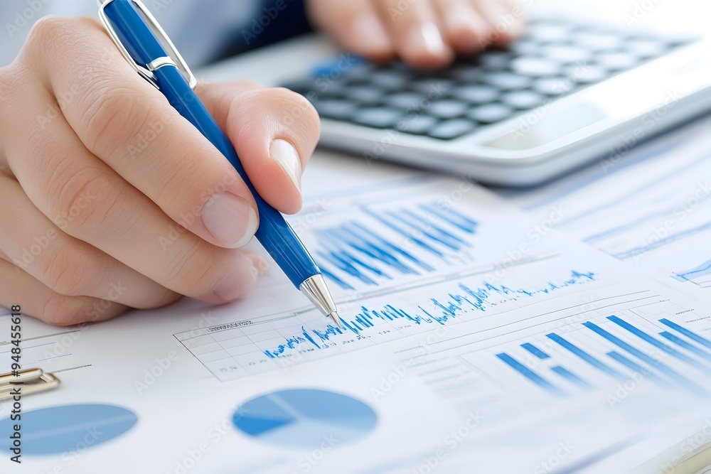 Aufkleber financial data analysis budget planning and goal setting on a desk with charts graphs calculator and