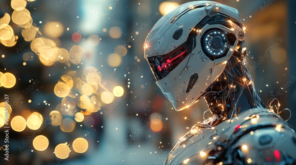 Poster futuristic robot in urban setting with bokeh lights