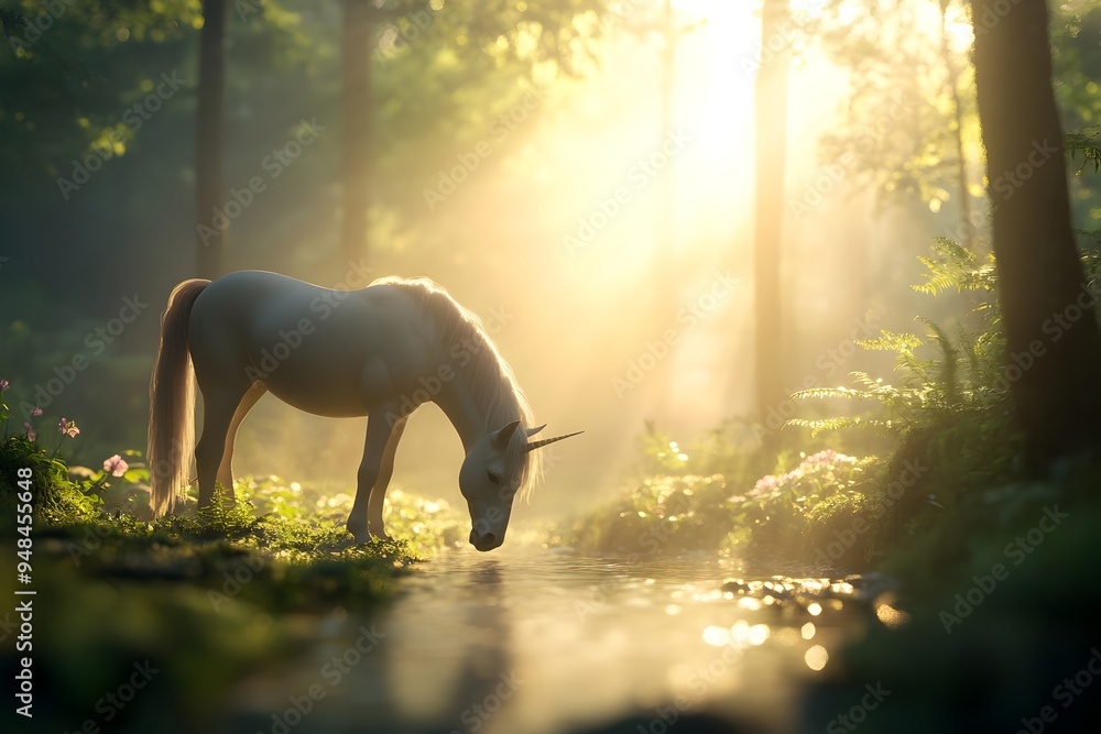 Poster a lush misty forest at dawn with a gentle unicorn drinking from a sparkling stream a look of peacefu