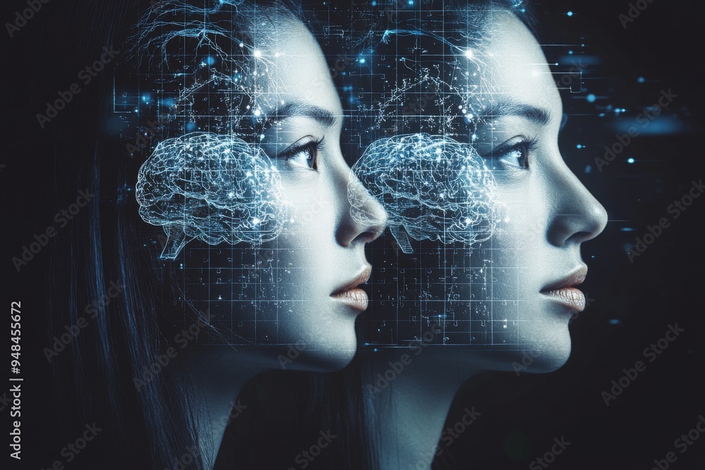 Poster futuristic digital portrait of a woman with neural patterns symbolizing the intersection of human th